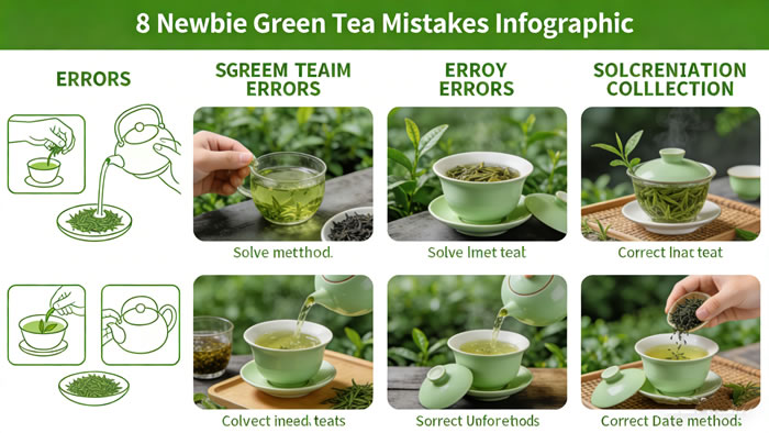 8 Newbie Green Tea Mistakes Infographic: Visual of Each Mistake + Fix