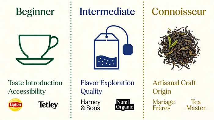 An infographic mapping the tea drinker's journey from Beginner to Connoisseur, showing typical brand choices and priorities at each stage.