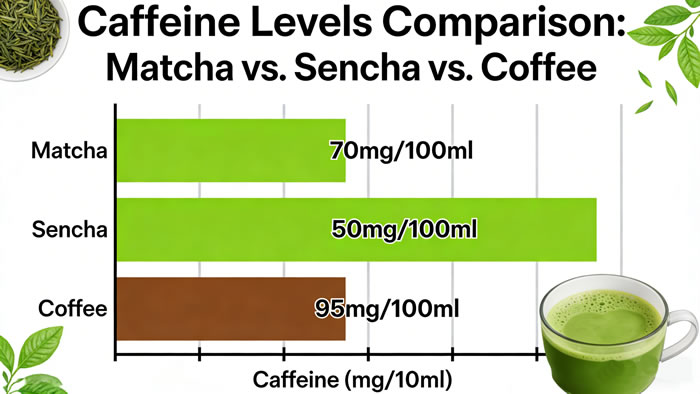 Bar chart comparing caffeine levels in Matcha, Sencha, and standard Coffee