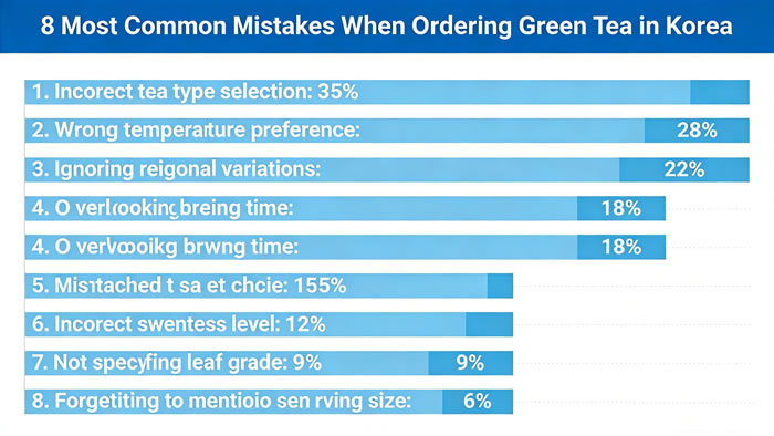 Bar graph showing the 8 most common mistakes when ordering green tea in Korea, ranked by frequency