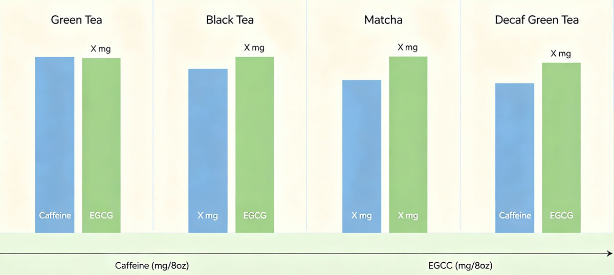 Caffeine and EGCG content comparison across green tea, black tea, matcha and decaf green tea for pregnancy