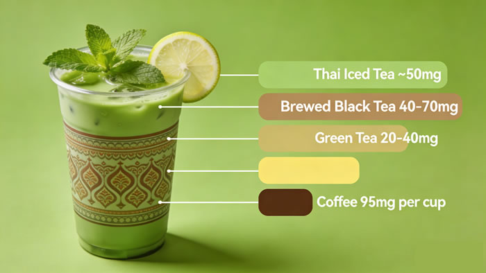 Bar chart comparing caffeine levels: Thai Iced Tea ~50mg, Brewed Black Tea 40-70mg, Green Tea 20-40mg, Coffee 95mg per cup.
