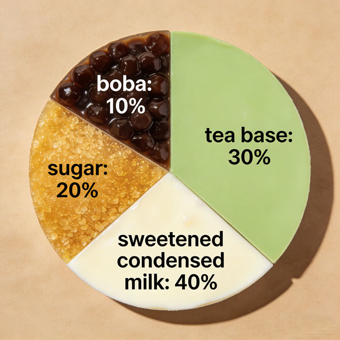 Pie chart showing calorie composition: 30% tea base, 40% sweetened condensed milk, 20% sugar, 10% boba.