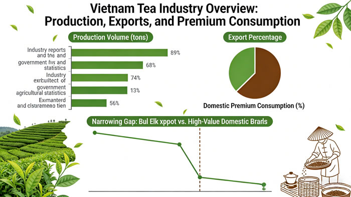 Chart showing Vietnam tea production volume, export percentage, and domestic consumption of premium teas