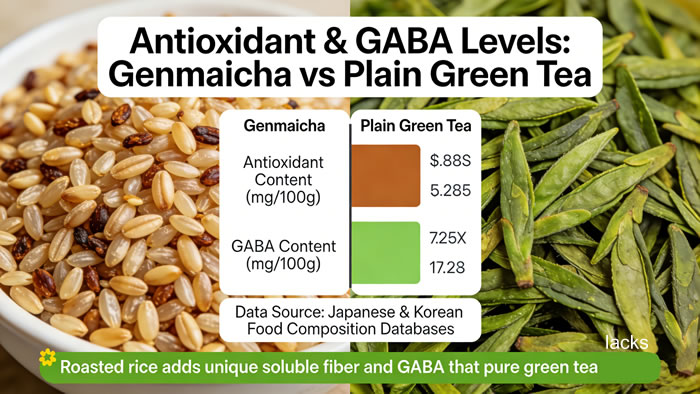 Chart showing antioxidant and GABA levels in genmaicha vs plain green tea