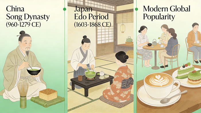 Matcha Origin Timeline: China Song Dynasty (960-1279 CE) → Japan Edo Period (1603-1868 CE) → Modern Global Popularity