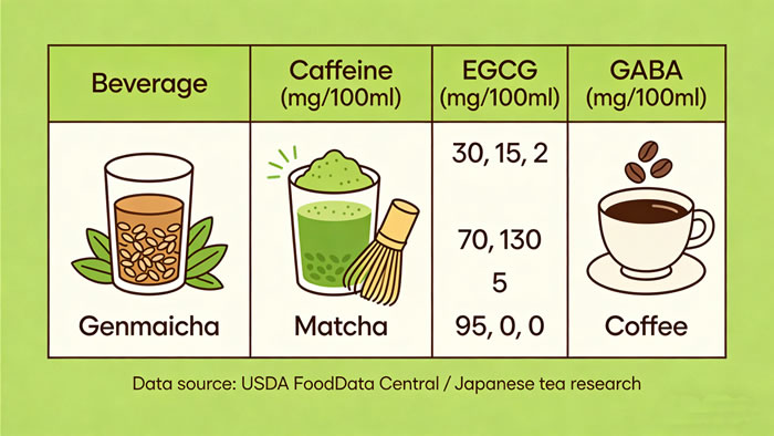 Comparison table of caffeine, EGCG, and GABA content in genmaicha, matcha, and coffee