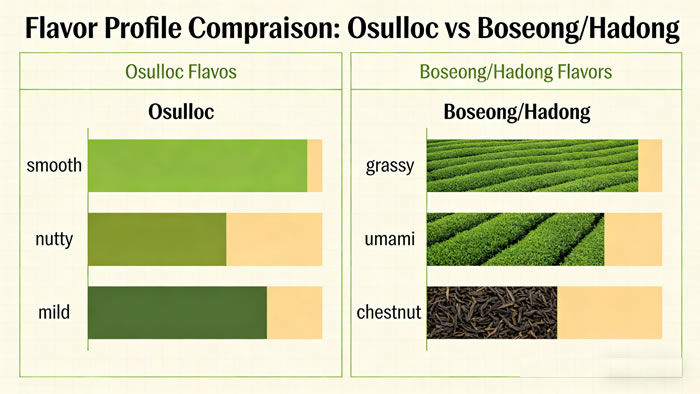 Data chart comparing flavor profiles: Osulloc (smooth, nutty, mild) vs Boseong/Hadong (grassy, umami, chestnut)