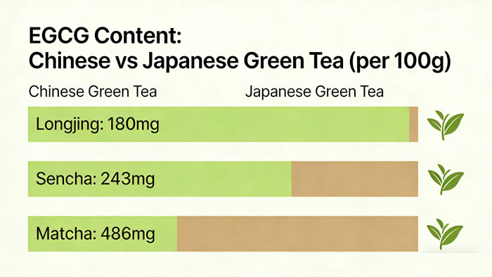 EGCG Content: Chinese vs Japanese Green Tea (per 100g) – Longjing: 180mg, Sencha: 243mg, Matcha: 486mg