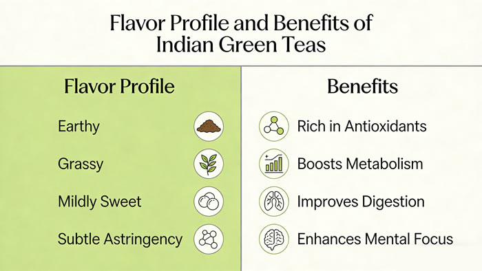 Flavor profile and benefit chart of Indian green teas
