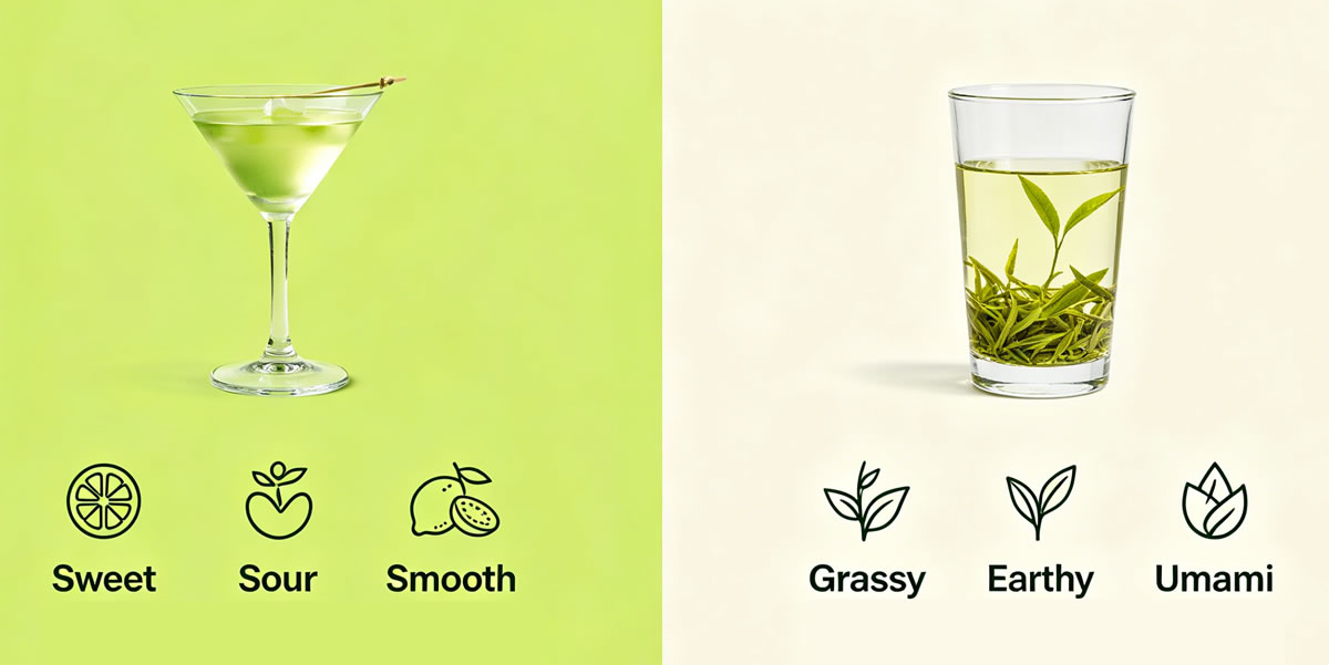 Flavor profile comparison between green tea shot and real loose leaf green tea