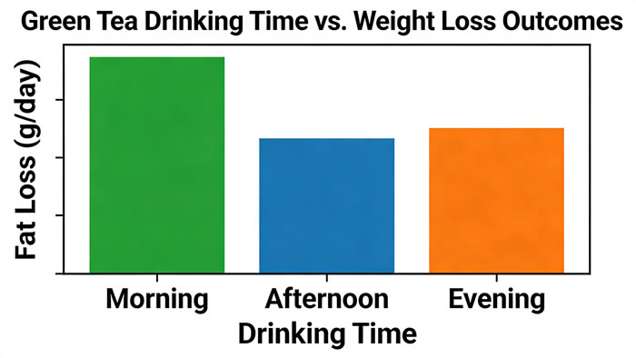 Graph illustrating weight loss outcomes based on different drinking times of green tea, showing morning intake yielding highest fat loss