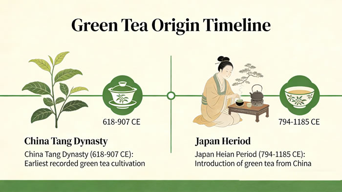 Green Tea Origin Timeline: China Tang Dynasty (618-907 CE) to Japan Heian Period (794-1185 CE)