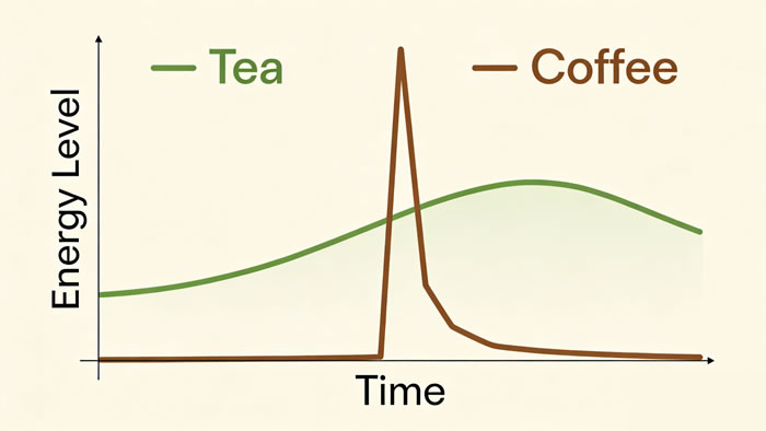 Line graph showing the smooth energy curve of tea compared to the spike of coffee