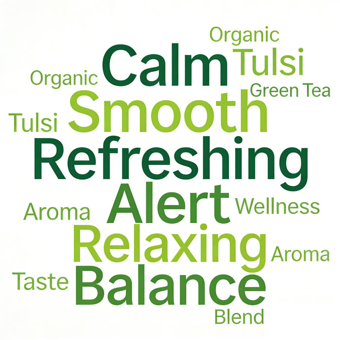 A word cloud generated from user reviews of Organic India Tulsi Green Tea, with largest words being 'Calm', 'Smooth', 'Refreshing', 'Alert', 'Relaxing', and 'Balance'.