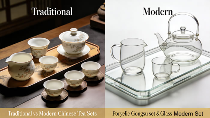 Traditional vs Modern Chinese Tea Sets: Side-by-Side Comparison of Porcelain Gongfu Set and Glass Modern Set