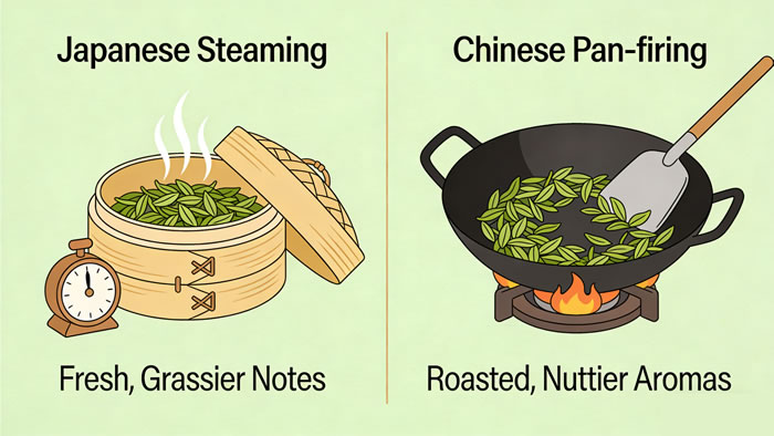 Side-by-side illustration of Japanese steaming vs Chinese pan-firing techniques