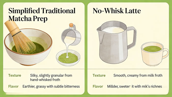 Simplified Traditional Matcha Prep vs No-Whisk Latte — Texture & Flavor Comparison