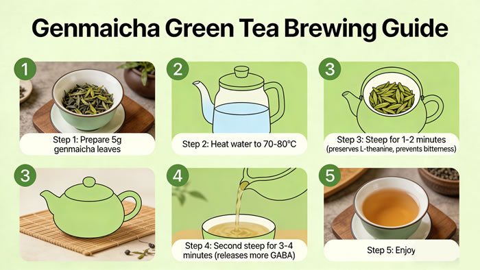 Step by step brewing guide for genmaicha green tea with water temperature and steeping times