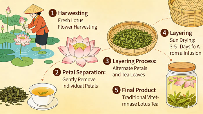 Step by step illustration showing lotus flower harvesting, petal separation, and layering process for traditional Vietnamese lotus tea