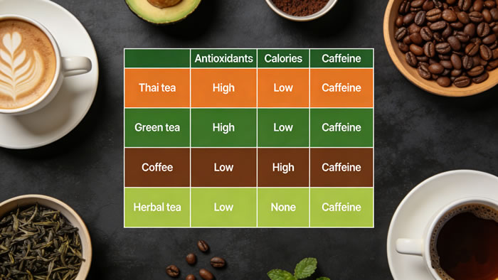 Comparison table: Thai tea high in antioxidants and calories, green tea high in antioxidants low calories, coffee high caffeine, herbal tea no caffeine low antioxidants.
