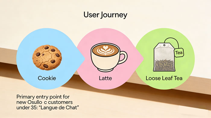User journey graphic: Cookie -> Latte -> Loose Leaf Tea
