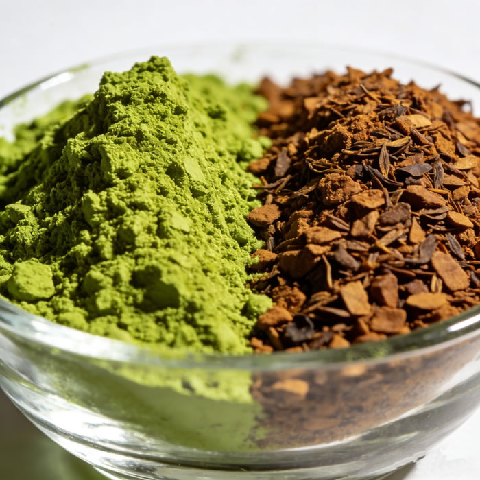 Visual color comparison between vibrant green matcha powder and brown roasted hojicha powder