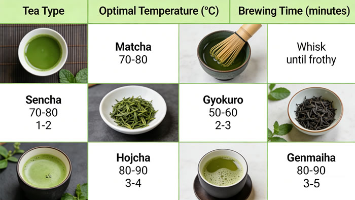 Data table showing optimal brewing temperature and time for different Japanese tea types