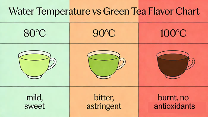 Water Temperature vs Green Tea Flavor Chart: 80°C (mild, sweet), 90°C (bitter, astringent), 100°C (burnt, no antioxidants)