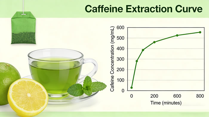 Line graph showing caffeine extraction curve: steep increases until 5 mins, then slowly climbs.
