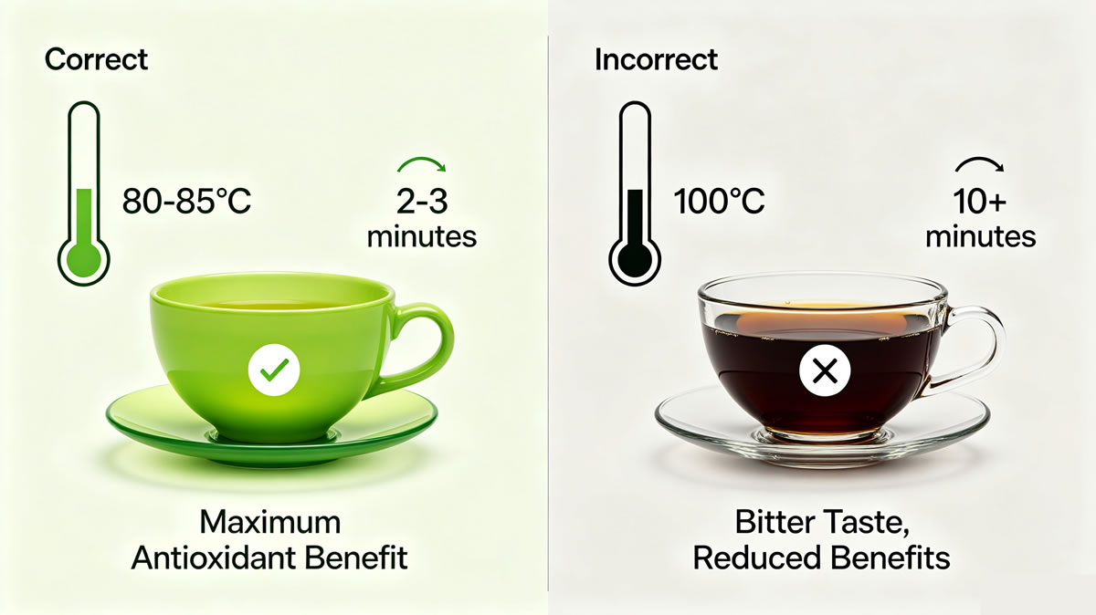 Correct vs incorrect green tea brewing methods and their effect on benefits