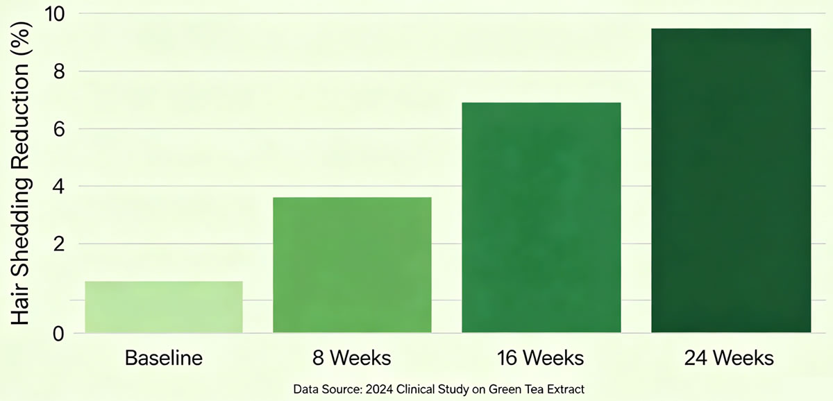 Average hair shedding reduction from green tea extract use over 24 weeks