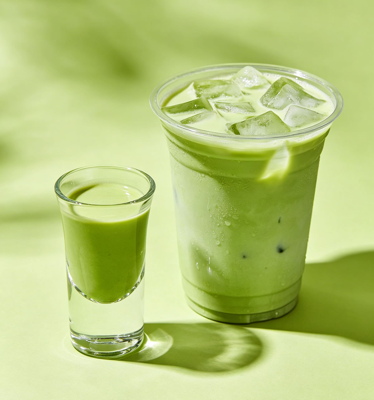 Green tea shot next to a glass of iced green tea showing matching pale green color